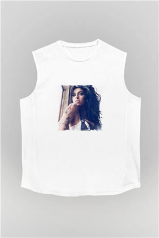 Amy Winehouse Baskılı Unisex Beyaz Kolsuz Tişört