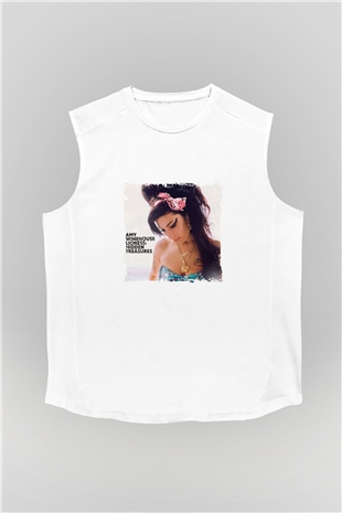 Amy Winehouse Baskılı Unisex Beyaz Kolsuz Tişört