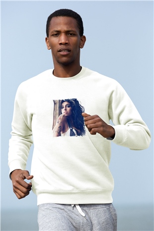 Amy Winehouse Baskılı Unisex Beyaz Sweatshirt