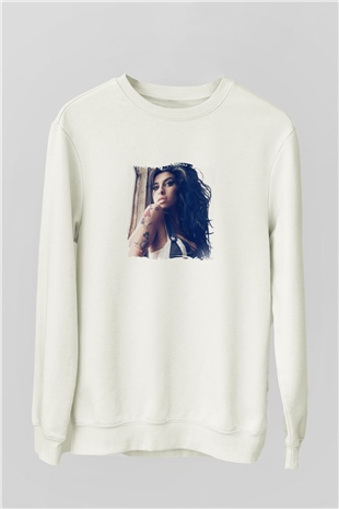 Amy Winehouse Baskılı Unisex Beyaz Sweatshirt