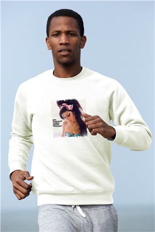 Amy Winehouse Baskılı Unisex Beyaz Sweatshirt