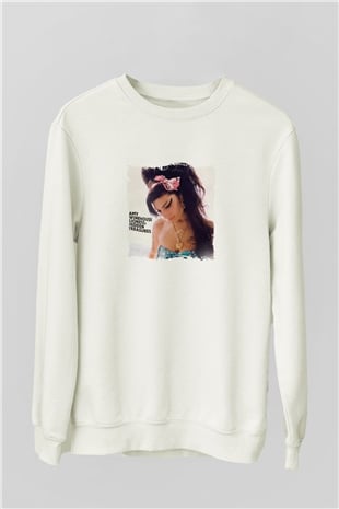 Amy Winehouse Baskılı Unisex Beyaz Sweatshirt