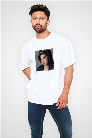 Amy Winehouse Baskılı Oversize Beyaz Tişört