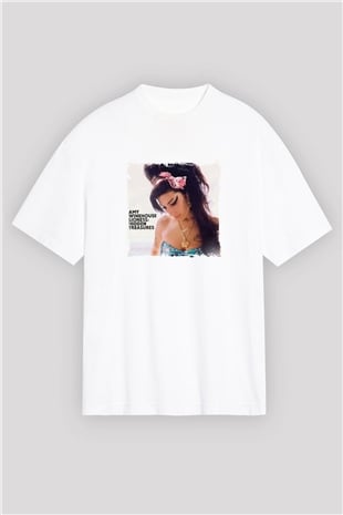 Amy Winehouse Baskılı Oversize Beyaz Tişört