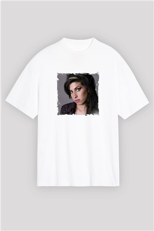 Amy Winehouse Baskılı Oversize Beyaz Tişört