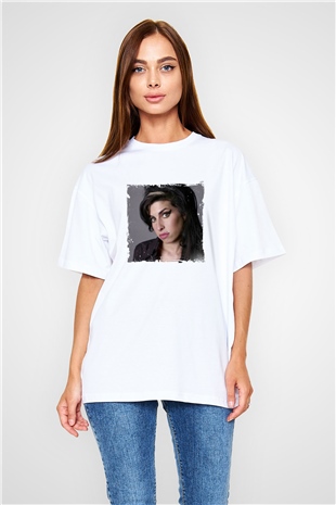 Amy Winehouse Baskılı Oversize Beyaz Tişört