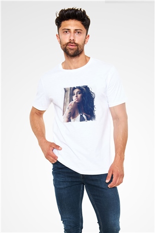Amy Winehouse Baskılı Unisex Beyaz Tişört