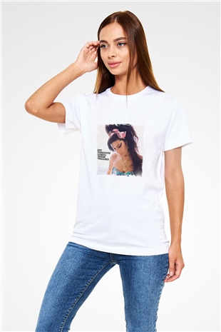 Amy Winehouse Baskılı Unisex Beyaz Tişört