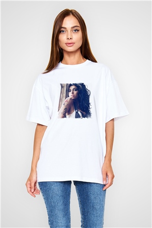 Amy Winehouse Baskılı Oversize Beyaz Tişört