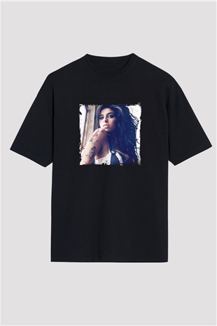 Amy Winehouse Baskılı Unisex Oversize Siyah Tişört