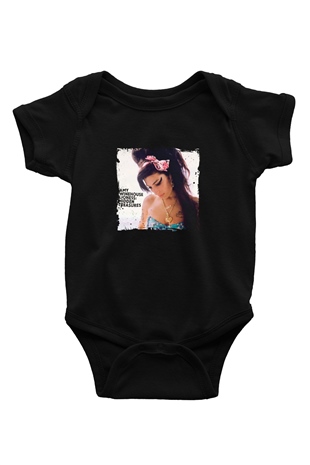 Amy Winehouse Baskılı Unisex Siyah Bebek Body - Zıbın