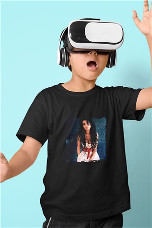 Amy Winehouse Baskılı Unisex Siyah Çocuk Tişört