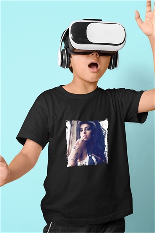 Amy Winehouse Baskılı Unisex Siyah Çocuk Tişört