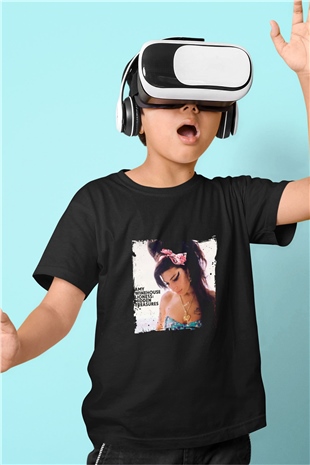 Amy Winehouse Baskılı Unisex Siyah Çocuk Tişört