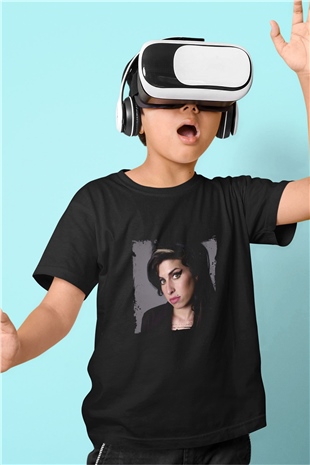 Amy Winehouse Baskılı Unisex Siyah Çocuk Tişört