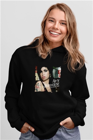 Amy Winehouse Baskılı Unisex Siyah Hoodie
