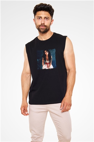 Amy Winehouse Baskılı Unisex Siyah Kolsuz Tişört