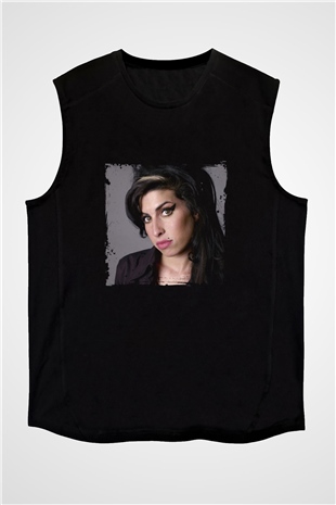 Amy Winehouse Baskılı Unisex Siyah Kolsuz Tişört