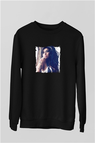 Amy Winehouse Baskılı Unisex Siyah Sweatshirt