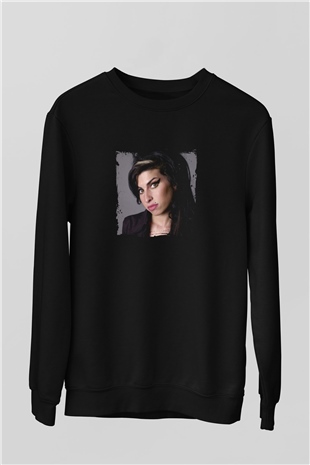 Amy Winehouse Baskılı Unisex Siyah Sweatshirt