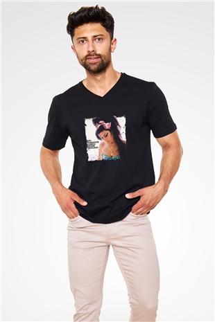 Amy Winehouse Baskılı Unisex Siyah V Yaka Tişört