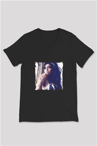 Amy Winehouse Baskılı Unisex Siyah V Yaka Tişört