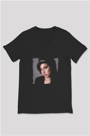 Amy Winehouse Baskılı Unisex Siyah V Yaka Tişört