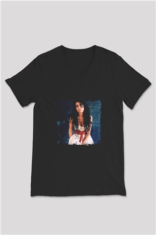 Amy Winehouse Baskılı Unisex Siyah V Yaka Tişört