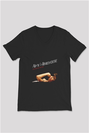 Amy Winehouse Baskılı Unisex Siyah V Yaka Tişört