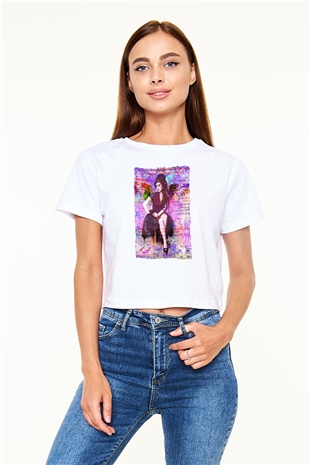 Amy Winehouse Beyaz  Crop Top Tişört