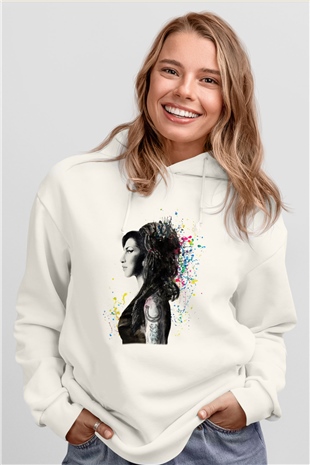 Amy Winehouse Beyaz Unisex Kapşonlu Sweatshirt