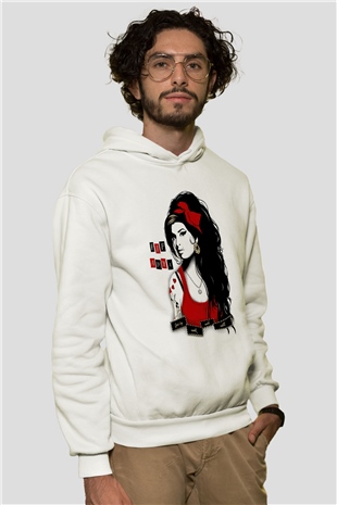 Amy Winehouse Beyaz Unisex Kapşonlu Sweatshirt