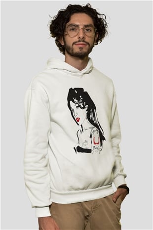 Amy Winehouse Beyaz Unisex Kapüşonlu Sweatshirt