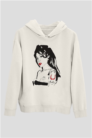 Amy Winehouse Beyaz Unisex Kapüşonlu Sweatshirt