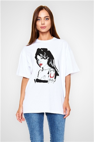 Amy Winehouse Beyaz Oversize Tişört Oversize T-shirt - TişörtFabrikası