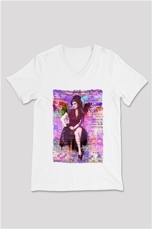 Amy Winehouse Beyaz Unisex V Yaka Tişört
