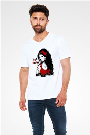 Amy Winehouse Beyaz Unisex V Yaka Tişört T-Shirt