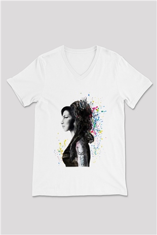 Amy Winehouse Beyaz Unisex V Yaka Tişört T-Shirt