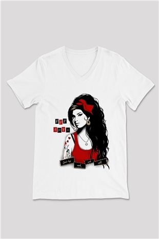 Amy Winehouse Beyaz Unisex V Yaka Tişört T-Shirt
