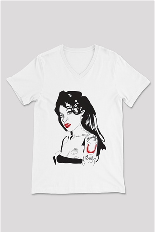 Amy Winehouse Beyaz Unisex V Yaka Tişört