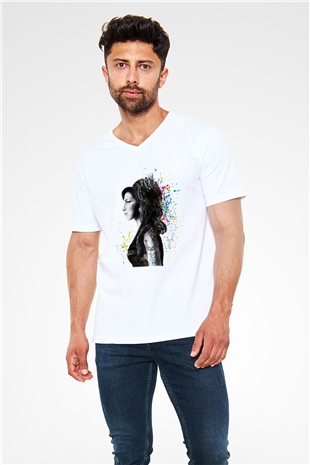 Amy Winehouse Beyaz Unisex V Yaka Tişört T-Shirt