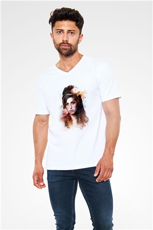 Amy Winehouse Beyaz Unisex V Yaka Tişört T-Shirt