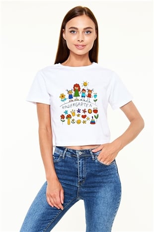 Ana okulu Beyaz Croptop Tişört