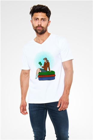 Ana okulu Beyaz Unisex V Yaka Tişört