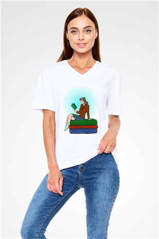 Ana okulu Beyaz Unisex V Yaka Tişört