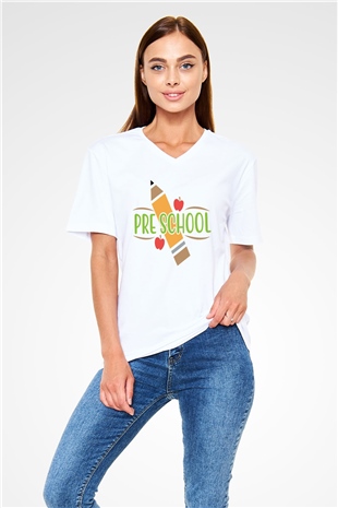 Ana okulu Beyaz Unisex V Yaka Tişört