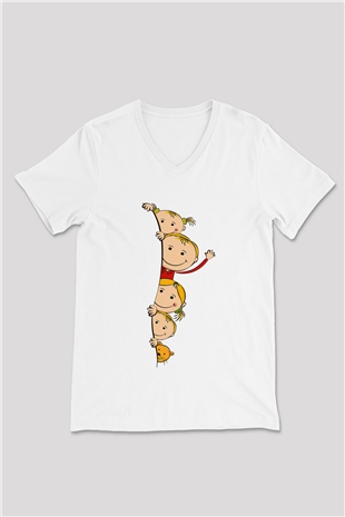 Ana okulu Beyaz Unisex V Yaka Tişört T-Shirt