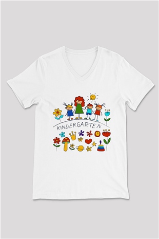 Ana okulu Beyaz Unisex V Yaka Tişört T-Shirt