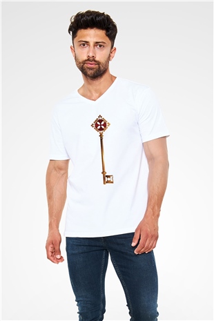 Anahtarcı Beyaz Unisex V Yaka Tişört