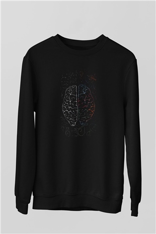 Analitik Ve Sezgisel Beyin Lobları Baskılı Unisex Siyah Sweatshirt